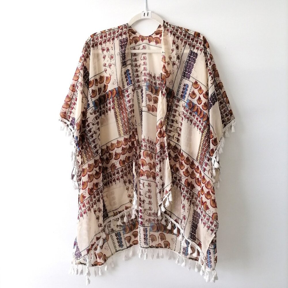 Unbranded Womens Beige Floral Beach Summer Coral Tribal Kimono Poncho One Size